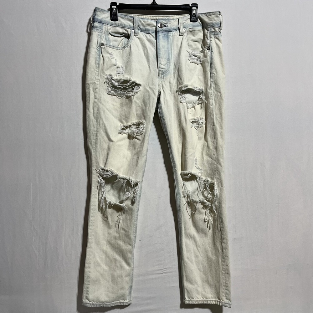 American Eagle Outfitters Jeans Women 10 Ivory 100% Cotton Distressed Button Fly